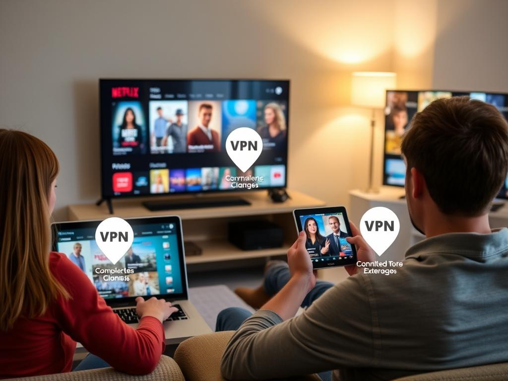 Person streaming content on multiple devices with a VPN Person streaming content on multiple devices with a VPN