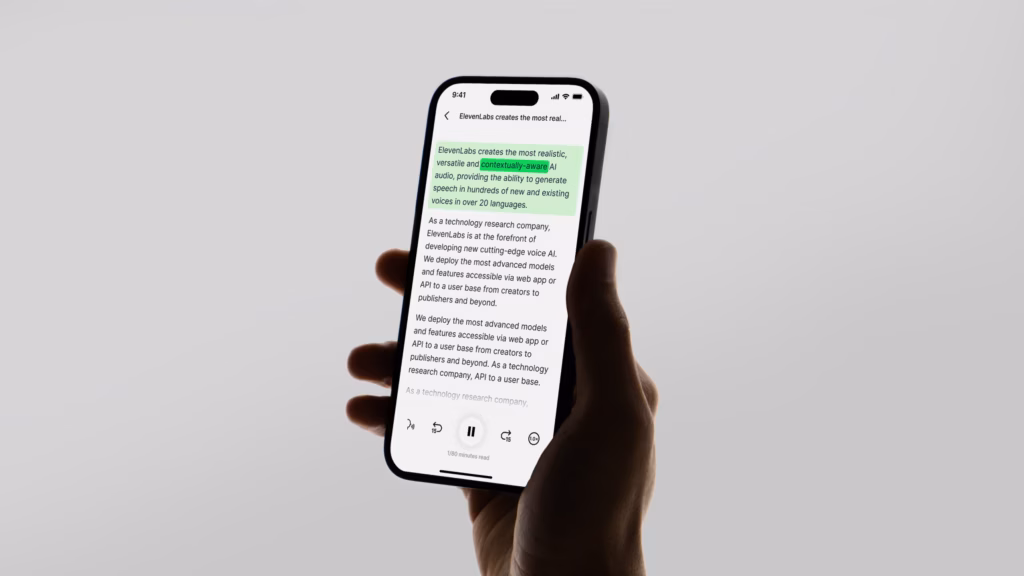 ElevenLabs Reader app interface showing document conversion to audio ElevenLabs Reader app interface showing document conversion to audio