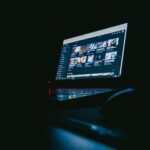 black laptop computer turned on