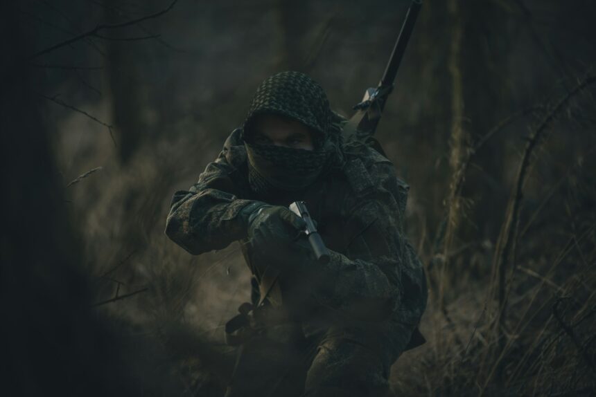 person in black and white hoodie holding rifle