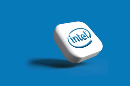 the intel logo is shown on a white cube