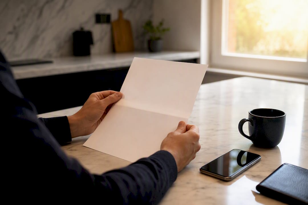 Hands holding an invoice on wooden desk