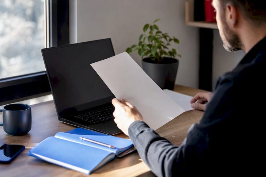 Office desk with invoice and laptop keyboard