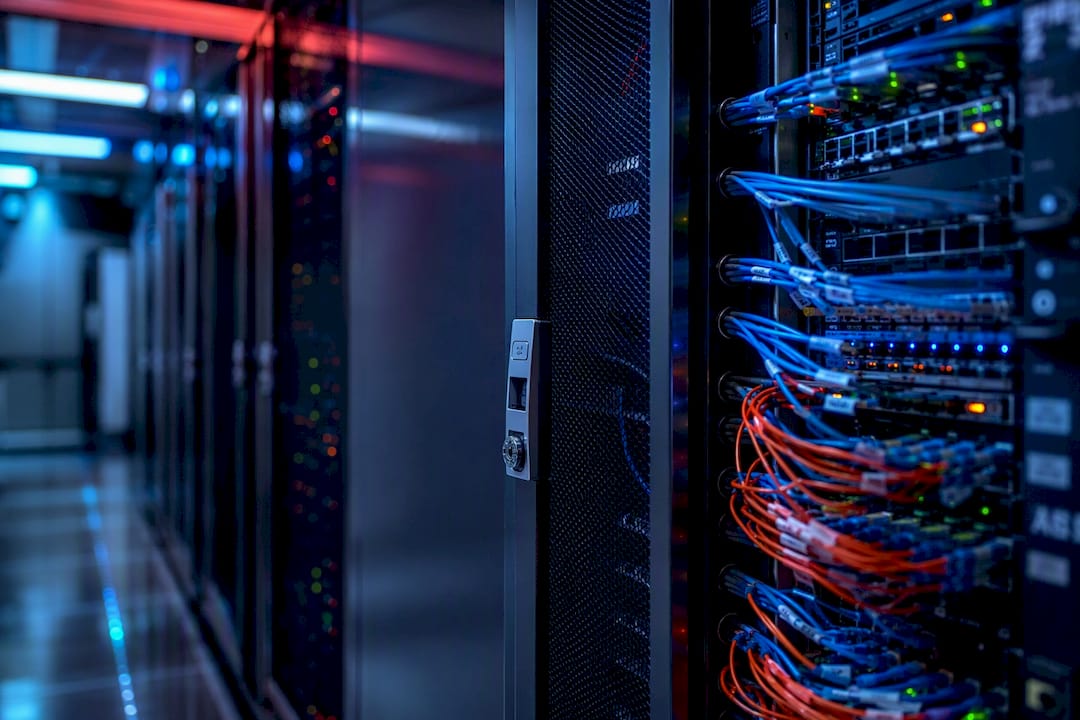 Server rack locks and network cables close-up