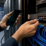 Hands connecting smartphone to office network