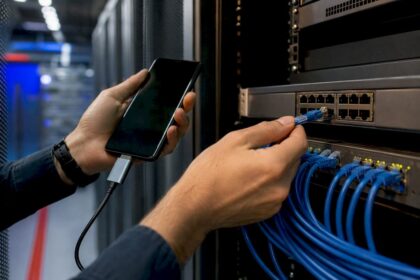 Hands connecting smartphone to office network