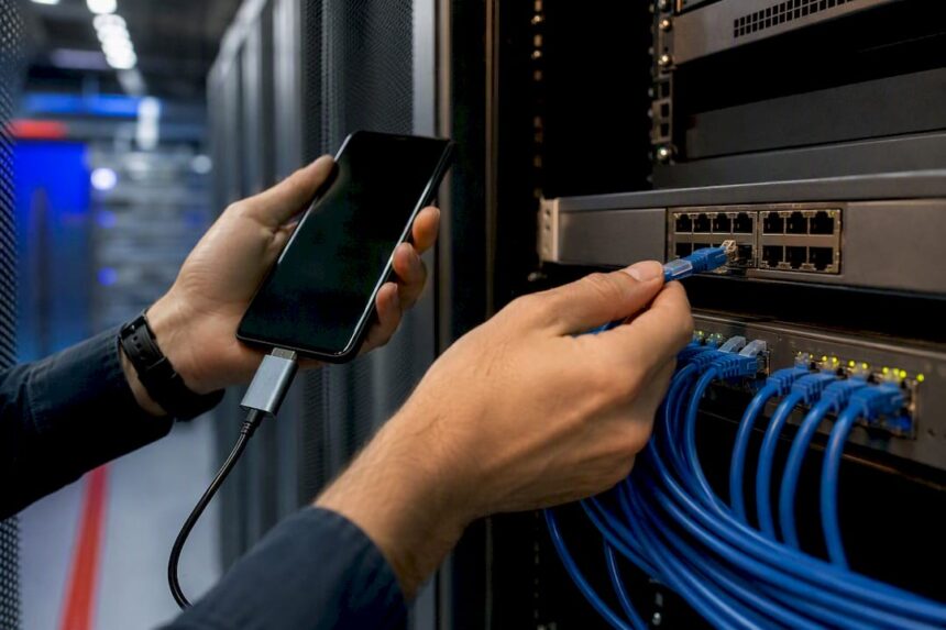 Hands connecting smartphone to office network